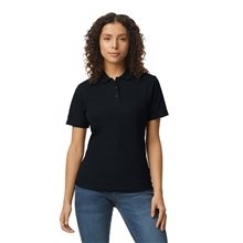 aerial view a black gildan ladies softstyle double pique polo, image 1 of 3