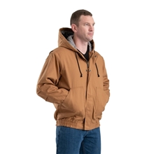 aerial view a brown duck berne mens tall flame - resistant hooded jacket, image 1 of 2