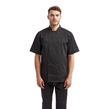 aerial view a black artisan collection by reprime unisex short - sleeve recycled chefs coat, image 1 of 4