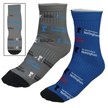 aerial view a group of sporty color sublimation low - cut ankle socks in mens womens size, image 1 of 2