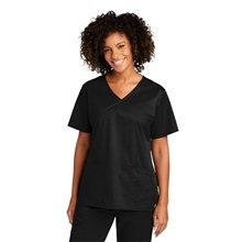aerial view a black wink(r) womens workflex(tm) mock wrap top, image 1 of 6