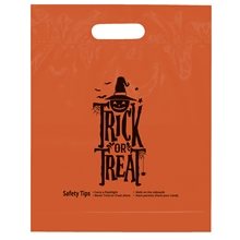 aerial view a orange custom trick or treat die cut bag with flexo ink imprint, image 1 of 2