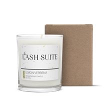 a kraft 3 oz lemon verbena votive candle in a cardboard gift box
