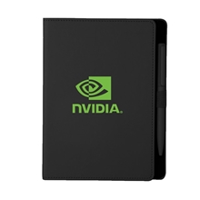 aerial view a black soft touch notebook with pen, image 1 of 7