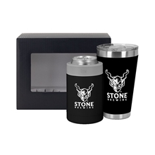 aerial view a black can cooler & black tumbler basecamp icey pint gift set, image 1 of 3