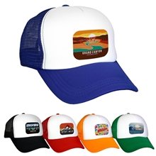 aerial view a group of foam rectangle emblem trucker hat, image 1 of 2