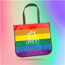 a group of large rainbow laminated tote bag