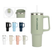 aerial view a group of izzy 40 oz stainless steel tumbler with handle and straw, image 1 of 9