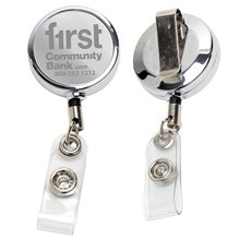 a group of 30 cord chrome solid metal retractable badge reel and badge holder with laser imprint only