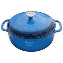 a group of lodge(r) 6 qt blue enameled cast iron dutch oven