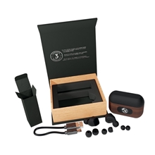 a group of scx design(tm) walnut wood wireless earbuds and charging case