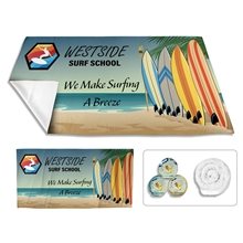 aerial view a group of the spacesaver 30 x 60 full color ultra - thin recycled polyester beach / yoga towel, image 1 of 2