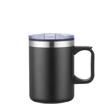 aerial view a matte black 14 oz stainless steel pp camping mug with matte finish, image 1 of 3