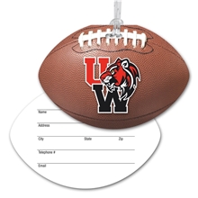aerial view a custom ultra - thin football luggage tag with clear strap, image 1 of 2