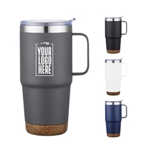 aerial view a group of cortina 24 oz vacuum insulated travel mug with cork base, image 1 of 4