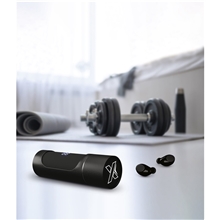 a group of scx innovative design(tm) wireless earbuds and charging case