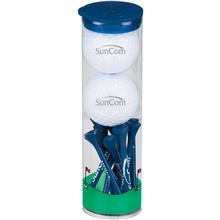 aerial view a blue cap & blue tees 2 ball tall tube w / bridgestone treo golf balls, image 1 of 2