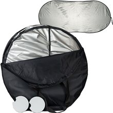 aerial view a black/silver windshield shade & white coaster park kit with windshield shade and coasters, image 1 of 2