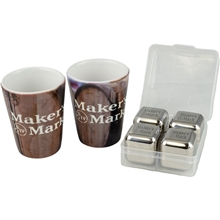 aerial view a white shot glass & stainless cool cube toast kit with shot glasses, image 1 of 2