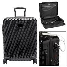 aerial view a black tumi 19 degree continental expandable 4 wheeled carry on, image 1 of 2