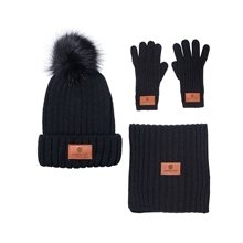 aerial view a black leeman three - piece rib knit fur pom winter set, image 1 of 2