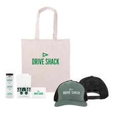 aerial view a group of time to golf kit in canvas tote, image 1 of 5