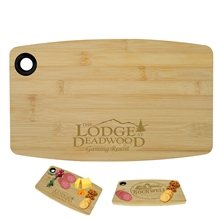 a group of hercules 13 x 8 king size bamboo cutting serving board with silicone hanging ring