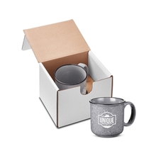 aerial view a gray 15oz campfire ceramic mug in mailer, image 1 of 3