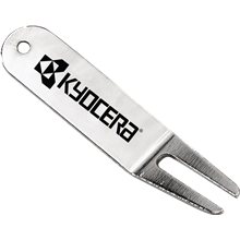 a silver metal golf divot tool