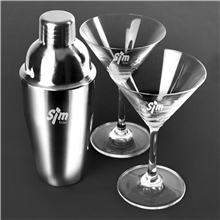 aerial view a clear martini shaker set w / 2 glasses, image 1 of 2