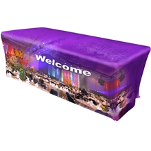 aerial view a group of stretch fit all over dye sub table cover - 3- sided, fits 8 table, image 1 of 2
