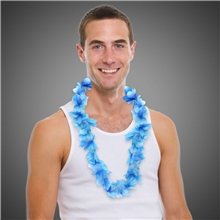 a group of festive blue flower lei set