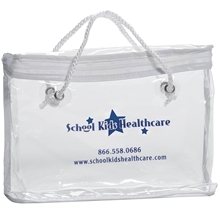 a clear zippered cosmetic bag with rope handle