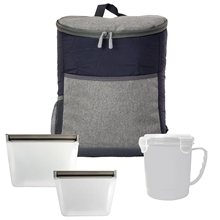 aerial view a navy blue quilted soup and sandwich cooler, image 1 of 2