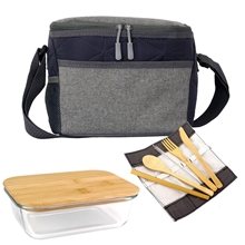 aerial view a navy blue quilted bamboo lunch set, image 1 of 2