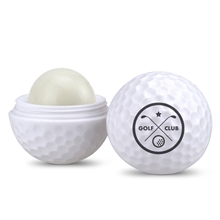 aerial view a white with vanilla golf ball aloe lip balm with custom logo, image 1 of 2