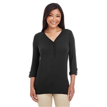 aerial view a black devon jones ladies perfect fit(tm) y - placket convertible sleeve knit top, image 1 of 4