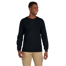 aerial view a black gildan(r) ultra cotton(r) 6 oz long - sleeve pocket t - shirt - g2410, image 1 of 5