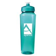 aerial view a translucent aqua with aqua push-pull lid 24 oz polysure(tm) measure water bottle, image 1 of 2