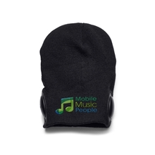 aerial view a black prime line vox beanie with wireless earphones, image 1 of 2