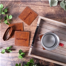 aerial view a group of watson square pu leather coaster 4 piece set in holder, image 1 of 4