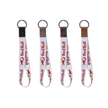 a group of dye sublimated keychain with leather accent