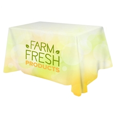 aerial view a group of all over full color dye sub table cover - flat poly 3- sided, fits 4 table, image 1 of 3