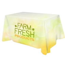 aerial view a group of all over full color dye sub table cover - flat poly 4- sided, fits 4 table, image 1 of 3