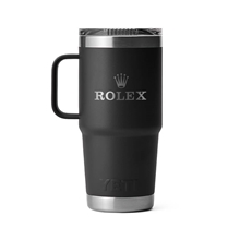 aerial view a black yeti rambler 20oz travel mug with stronghold lid, image 1 of 3