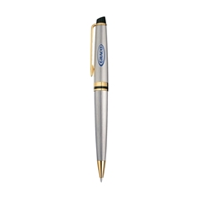 aerial view a stainless steel - gold trim waterman expert ballpoint, image 1 of 4