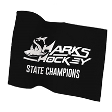 a black 15 x 18 rally towel in colors