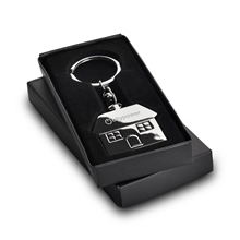 aerial view a group of promotional custom 1 5/8w x 1 3/4h x 1/8t polished chrome the casa key chain, image 1 of 2