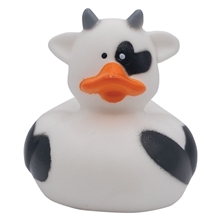 aerial view a white/black promotional cow themed rubber duck, image 1 of 4