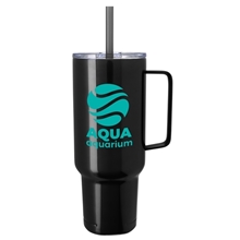 aerial view a black koozie(r) big vacuum recycled tumbler mug with straw -40 oz, image 1 of 5